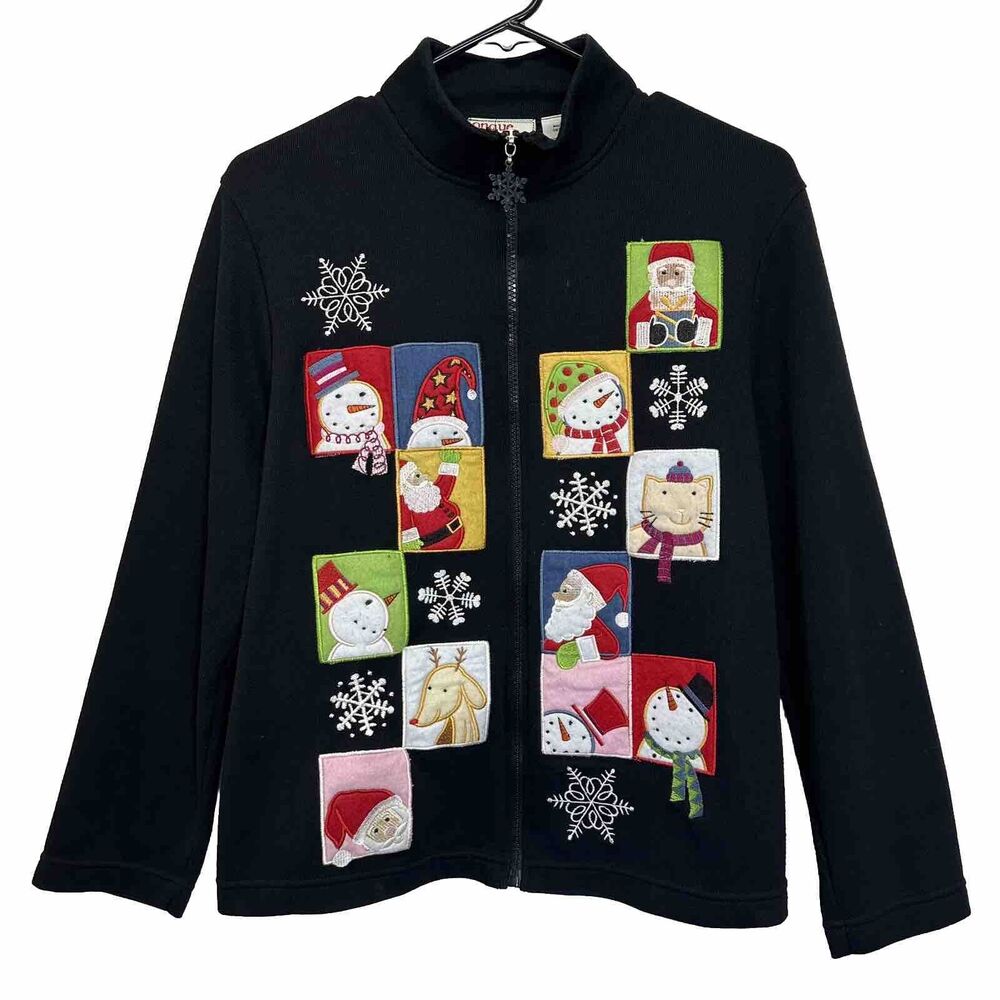 Vintage Onque Casuals Ugly Sweater M Christmas Applique Patch Full Zip Cardigan‎